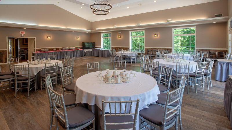 Ballroom with view of tables and serving area